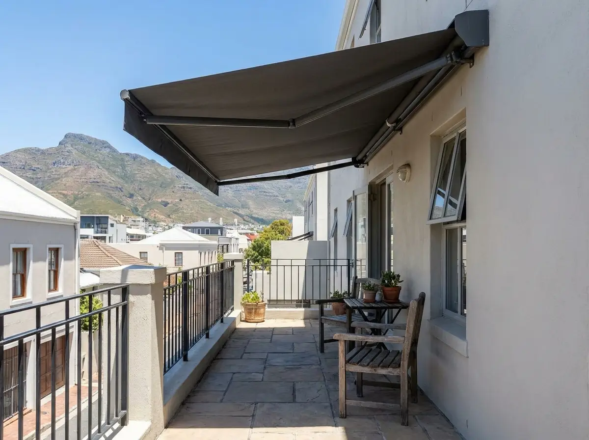 Folding-arm awning shading a narrow Tamboerskloof terrace balcony, view toward Table Mountain