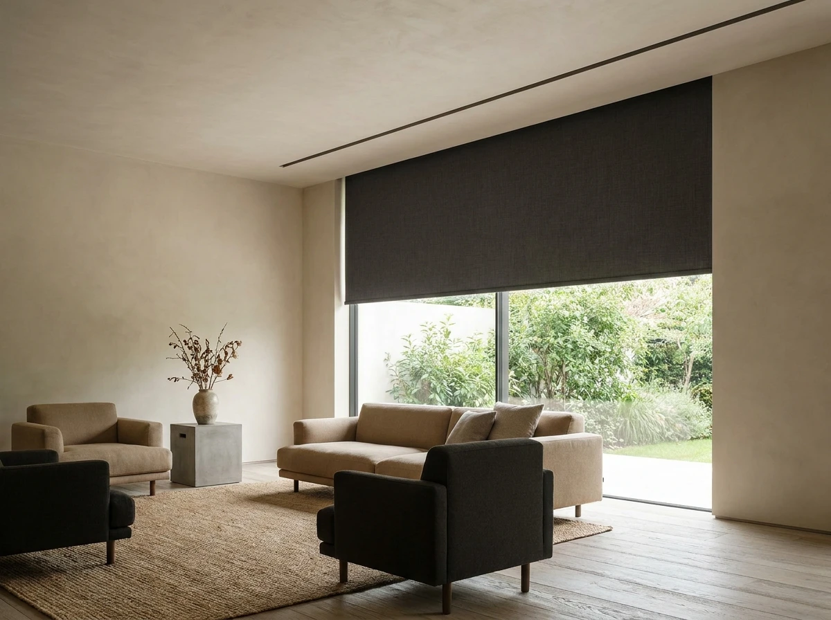 Concealed blind dropping from a slim continuous slot in a Gardens apartment ceiling, roller hardware fully hidden, floor-to-ceiling glass onto the garden