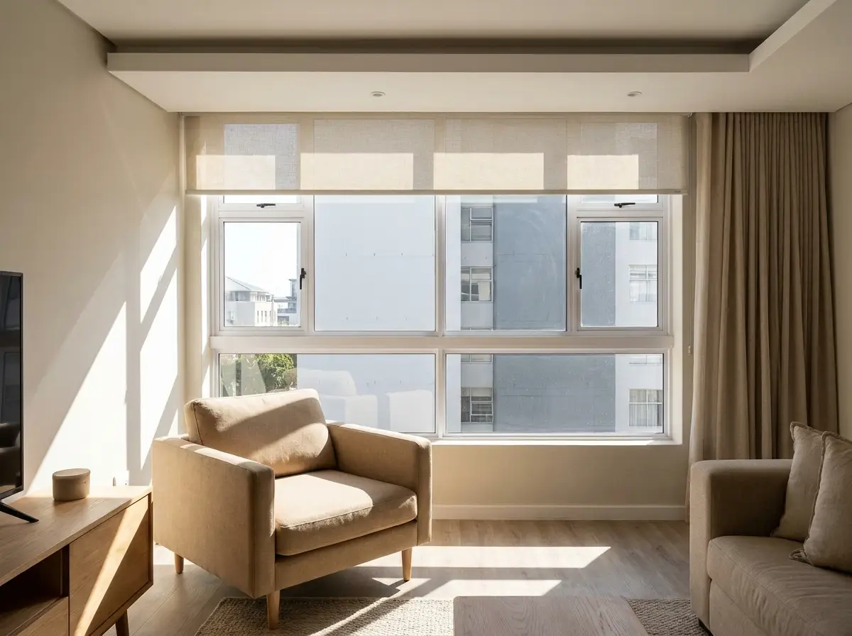 Concealed recessed blind pelmet built into a ceiling reveal above a large Higgovale window
