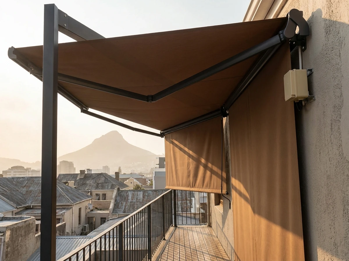 Folding-arm awning fully extended over a Vredehoek balcony, wind-sensor motor housing on the wall bracket, Lion's Head softened by afternoon haze beyond