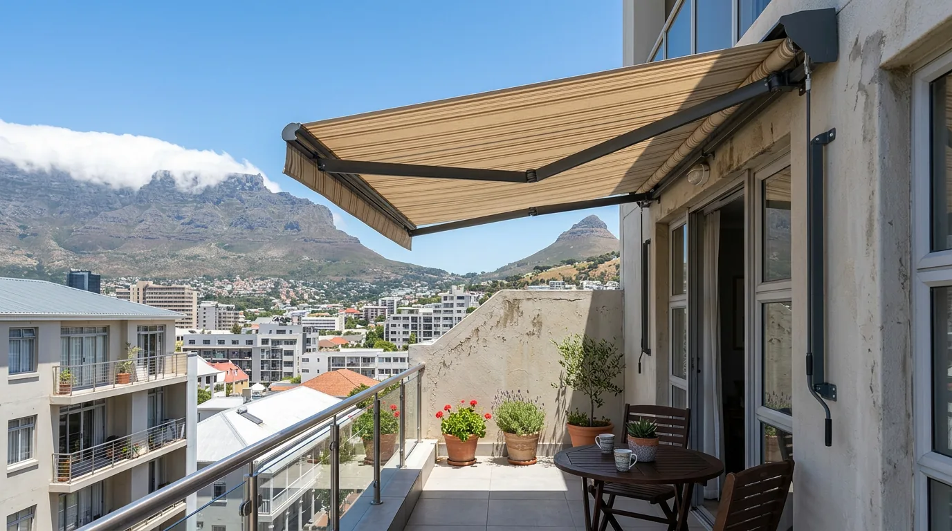 A retractable folding-arm awning extended over a compact City Bowl apartment balcony, Table Mountain with its tablecloth cloud and Lion's Head behind under a bright summer sky