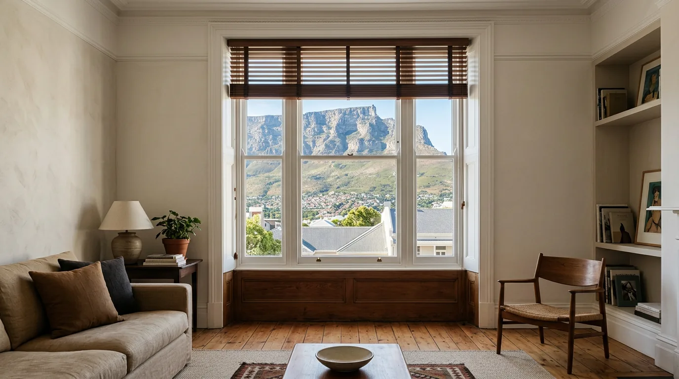 A restored Victorian living room in the Cape Town City Bowl, a tall sash window filling the wall with Table Mountain framed outside, fitted with a 50mm timber venetian blind tilted half open over the top