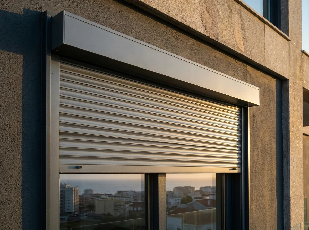 An external aluminium roller shutter partially lowered over a west-facing City Bowl apartment window, low golden late-afternoon Atlantic sun raking across the slats