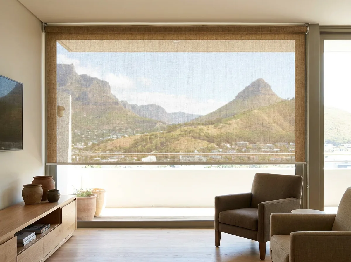 A single flat open-weave sunscreen mesh roller blind half-lowered over a north-facing City Bowl living-room window, Table Mountain and Lion's Head still visible softened through the mesh