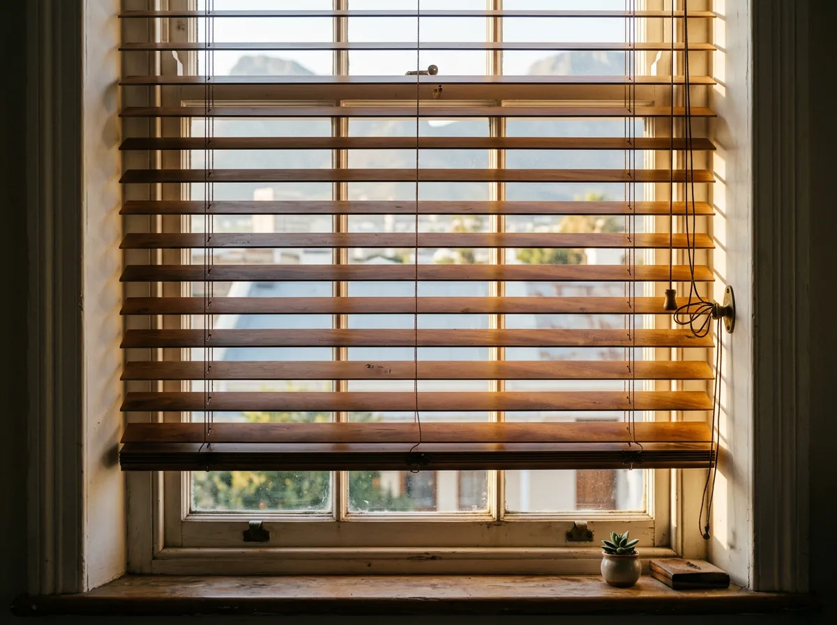 Close-up of a 50mm timber venetian blind mounted inside the deep plastered reveal of an original Victorian sash window in a City Bowl terrace, warm afternoon light streaking between the slats
