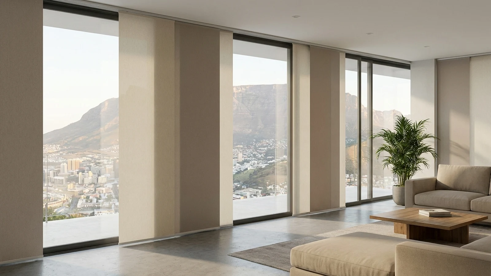 Panel glide blinds — wide flat fabric panels on an overhead track — across floor-to-ceiling windows in a Gardens apartment living room, oat and taupe tones