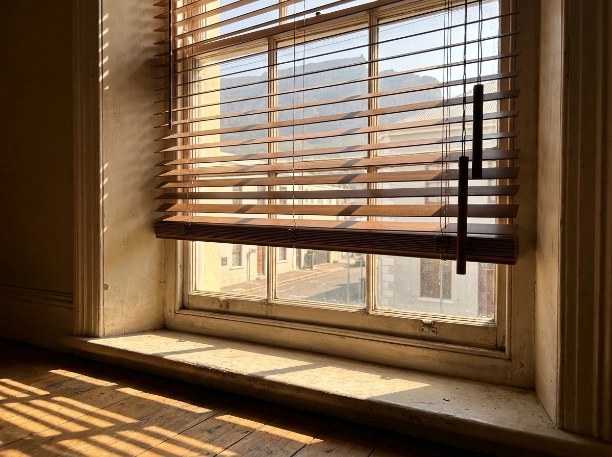 50mm timber venetian blind with walnut slats tilted half-open in a Tamboerskloof Victorian sash window reveal, tilt wand and lift cords visible