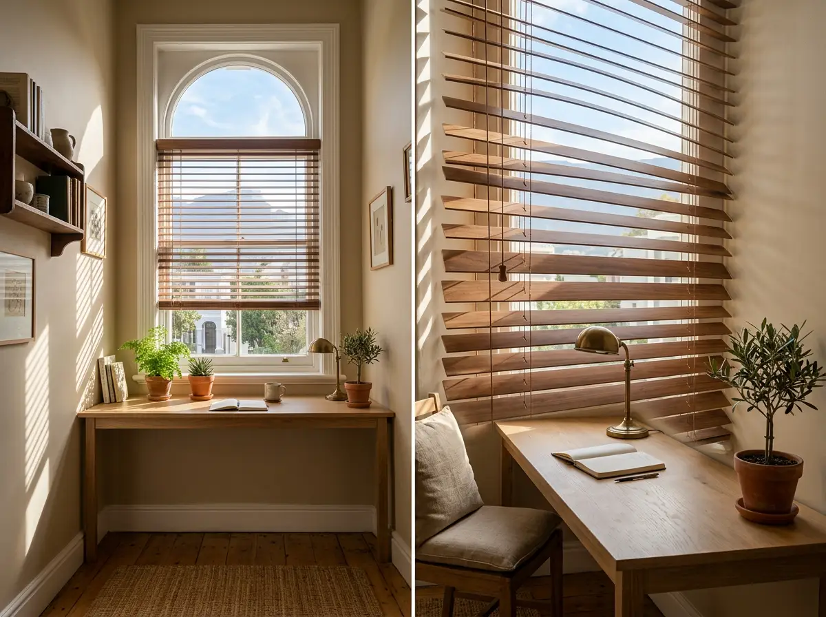Timber venetian blinds fitted in a sunlit Oranjezicht home office, warm walnut and oat tones